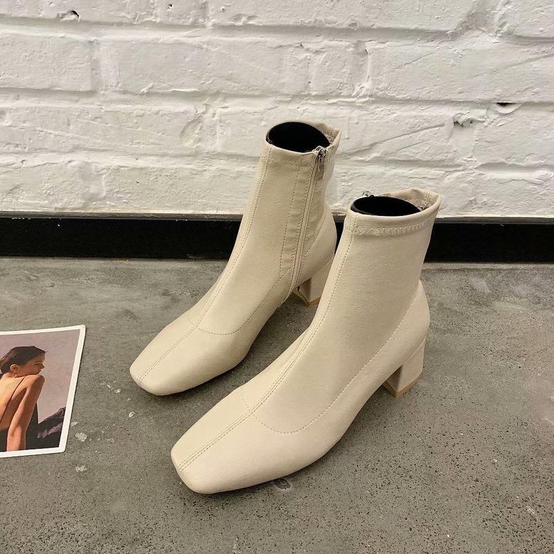Korean  Autumn Winter New Women Boots Ankle Square Toe Mid-tube Thick-heeled Boots Women's Fashion High-heeled Women's Boots
