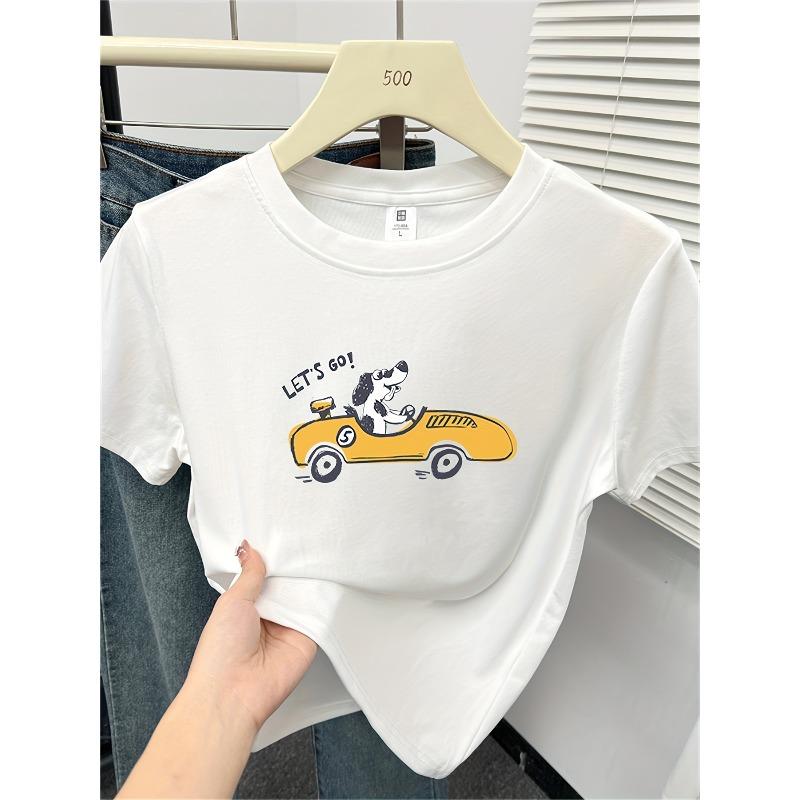 

Wo Navy Blue Cartoon Dog Driving Taxi Graphic T-Shirt | Slim Fit Short Sleeve Round Neck, Machine Washable, Casual Attire, Playful Design 4XL білий
