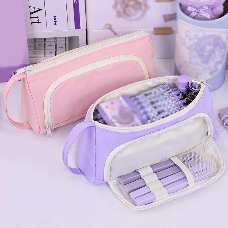 Pure color macaron lady handbag three-layer zipper large capacity student pencil case for class