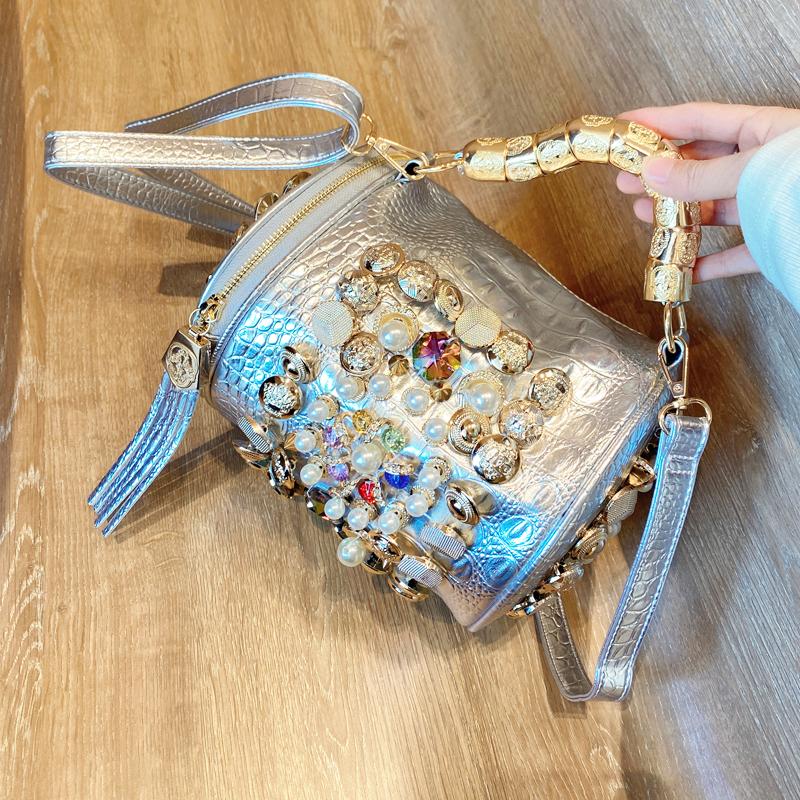 Handmade Ruffled Pillow Bag for Women  Casual Silver Bucket  Messenger Shoulder Bag