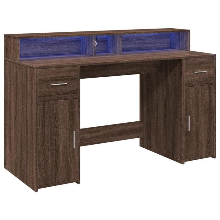 VidaXL Bureau et lumières LED chêne marron bois d'ingénierie, bureau de travail, bureau d'étude, bureau à domicile, bureau 3309426