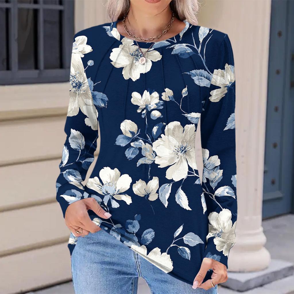 Women's Fashionable Casual Floral Retro Print Pleated Comfortable Round Neck Loose Long Sleeve T-shirt Top