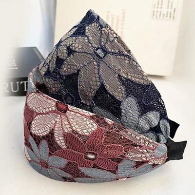 Vintage Mesh Lace Embroidery Headband Flower Non-slip Toothed Non-slip Hairband Spring Wide Women Hair Hoop Daily
