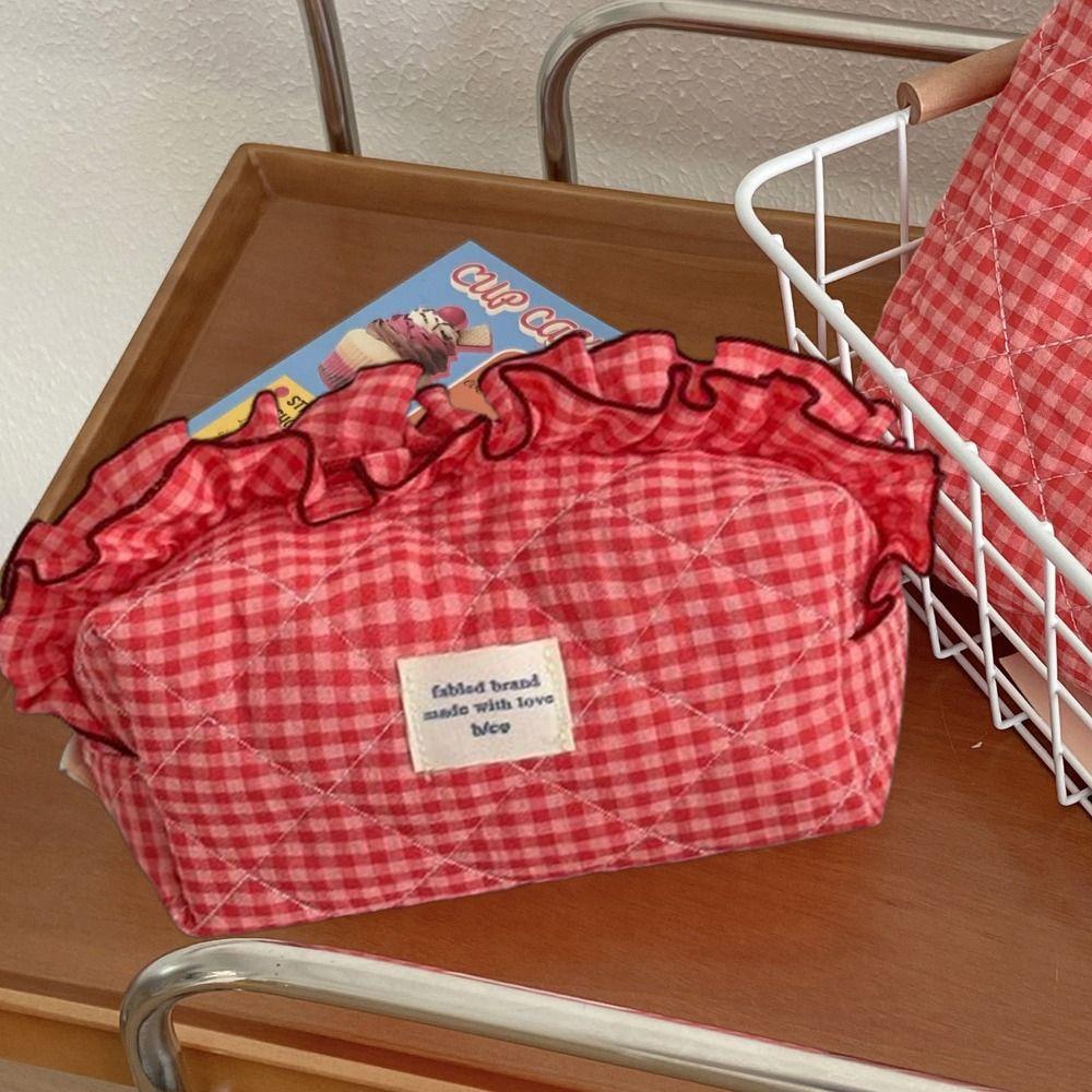 Large Capacity Ruffle Makeup Bag Plaid Pattern Wash Storage Bag Toiletry Organizer Skincare