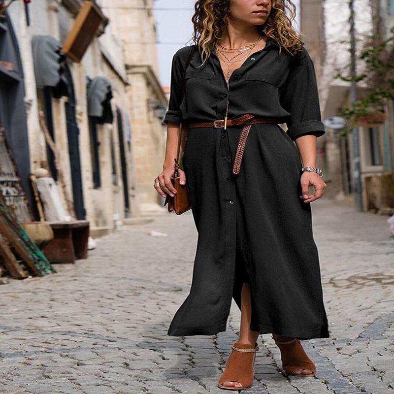 Elegante Abito Camicia da Donna con Bottoni, Manica Lunga, Vestibilità Larga, Maxi Abito da Tè Oversize