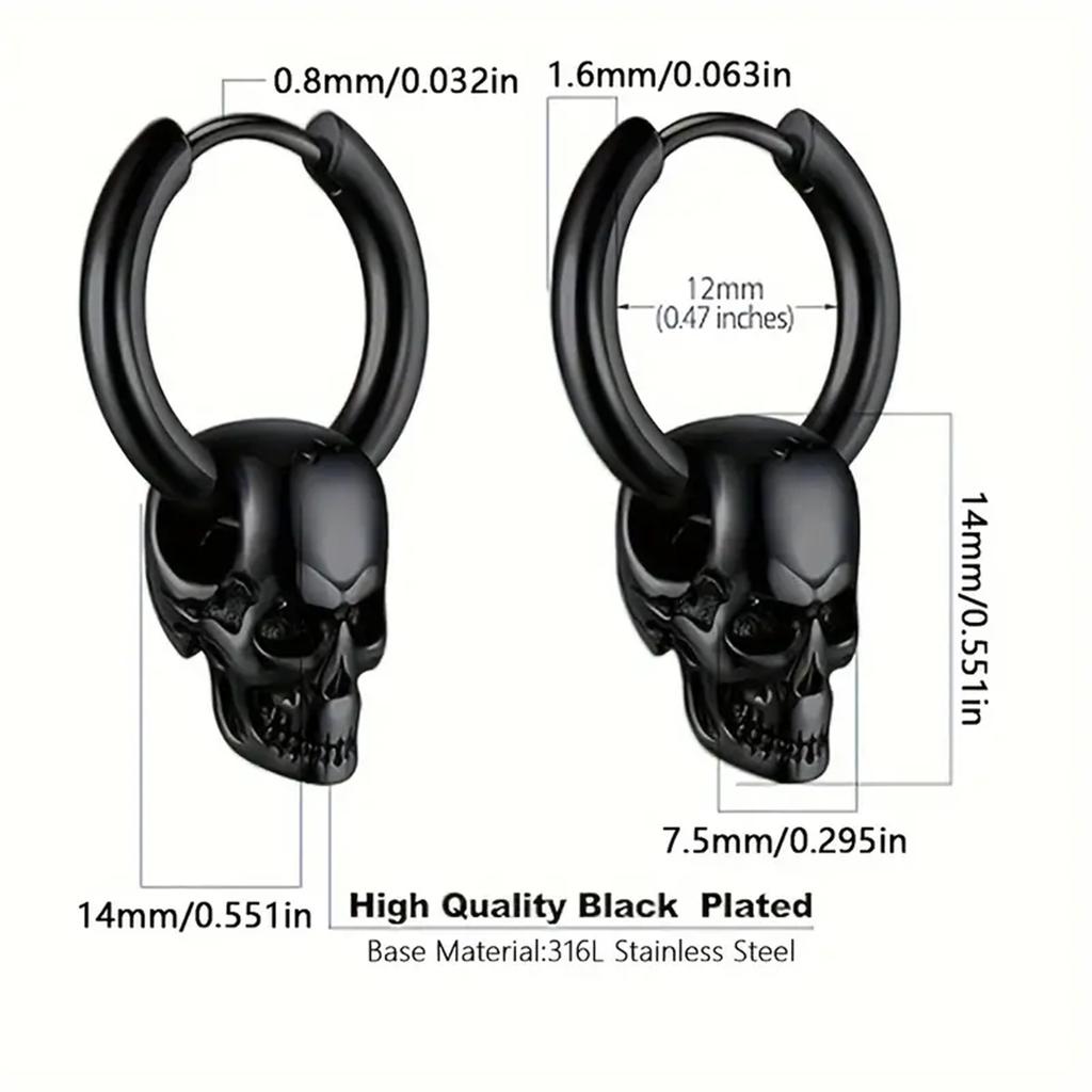 2pcs 316L Stainless Steel Trendy Vintage Skull Earrings For Men, Punk Gothic Hoop Earrings Hyposensitization Piercing Jewelry