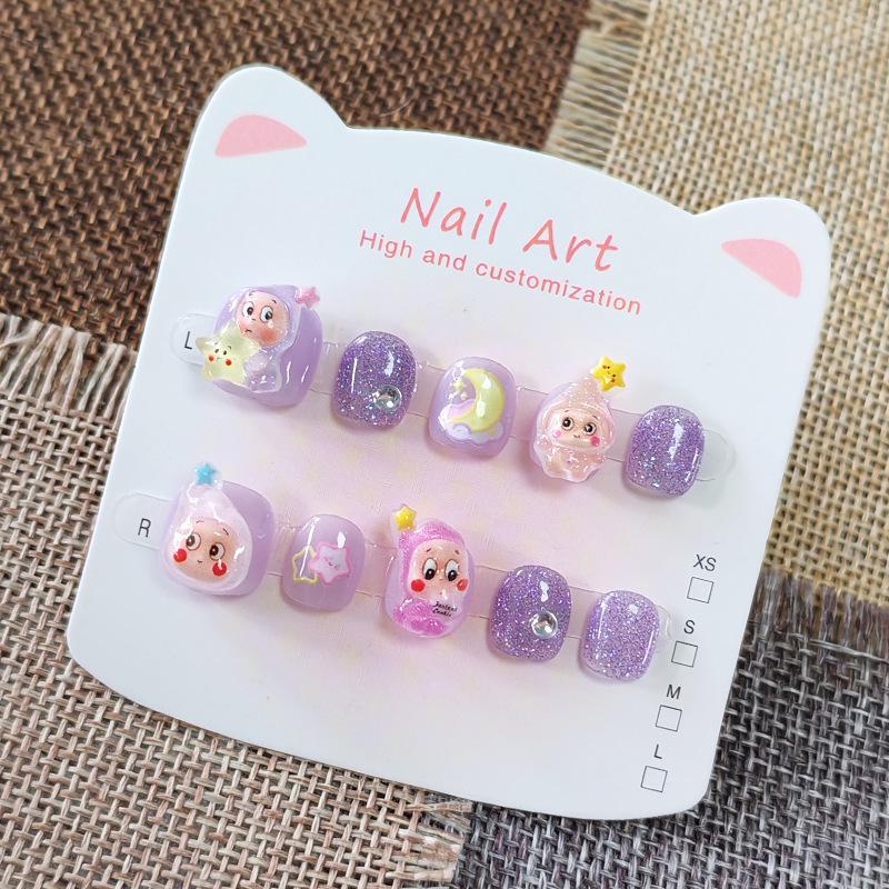 Purple Sparkle Star Cartoon Nail Art Stickers for Kids - Cute, Playful, Wearable Nails