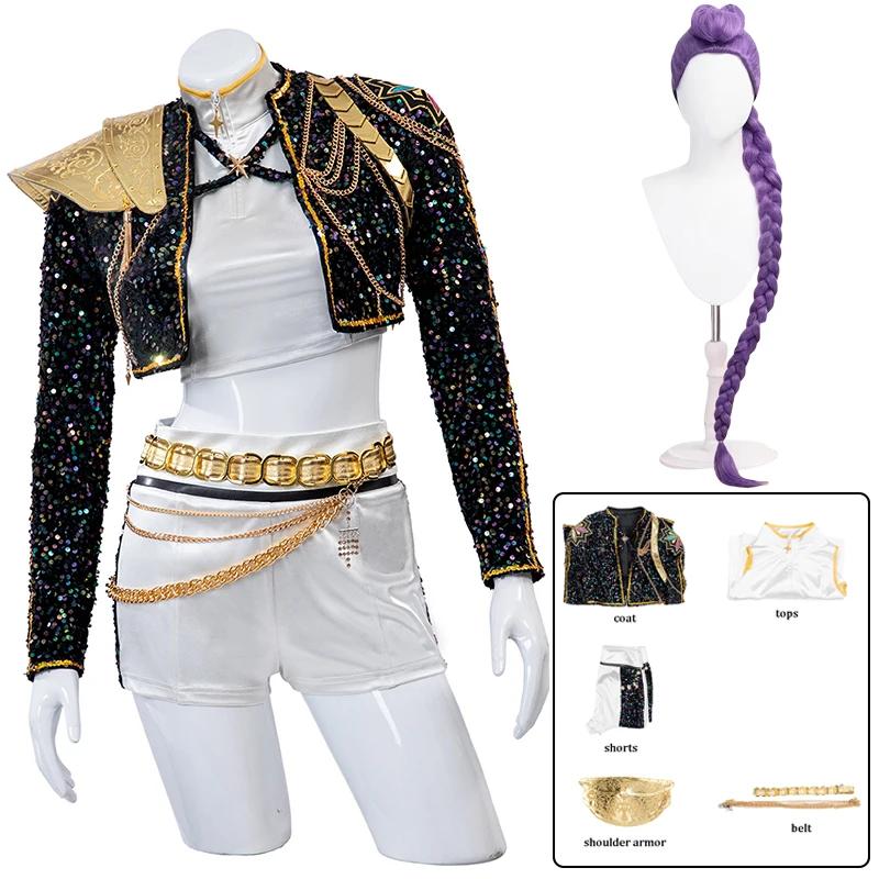 Costume Cosplay Rumi di Halloween Parrucca Cappotto Nero Completo da Canto Costume per Promozione Canzone Donna