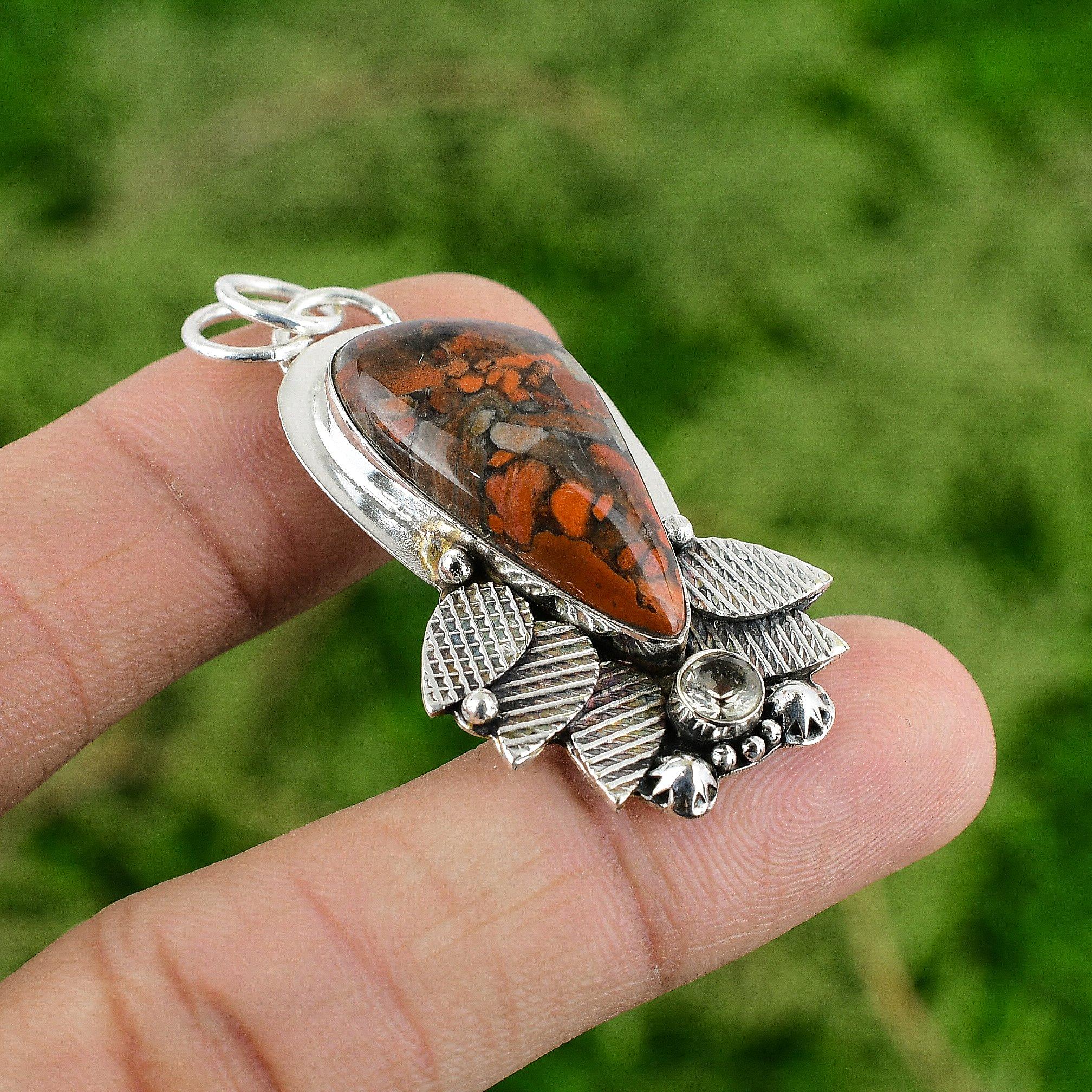 

Red Snakeskin Jasper Stone White Topaz New Pendant Jewelry 925 Sterling Silver