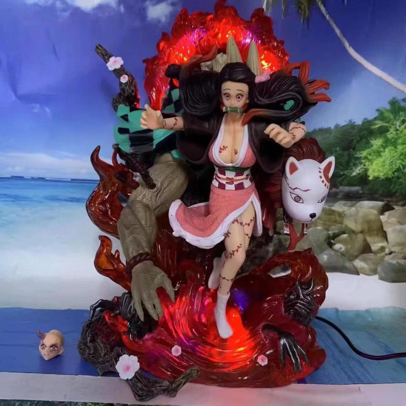 Demon Slayer Nezuko Wächter GK Figur Mutierte Kamado Doppelkopf Skulptur Siebenfarbige Leuchtende Anime Statue Schreibtischdekoration Geschenk Spielzeug