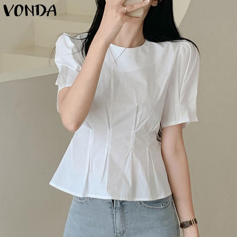 

VONDA Летние женские плиссированные однотонные топы с пышными рукавами