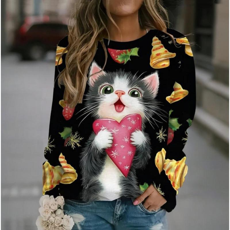 Roztomilý kočičí dámský dlouhý rukáv, podzimní a zimní kulatý výstřih, bavlněné oblečení, kawaii zvířecí tištěné topy 2024, nový módní svetr