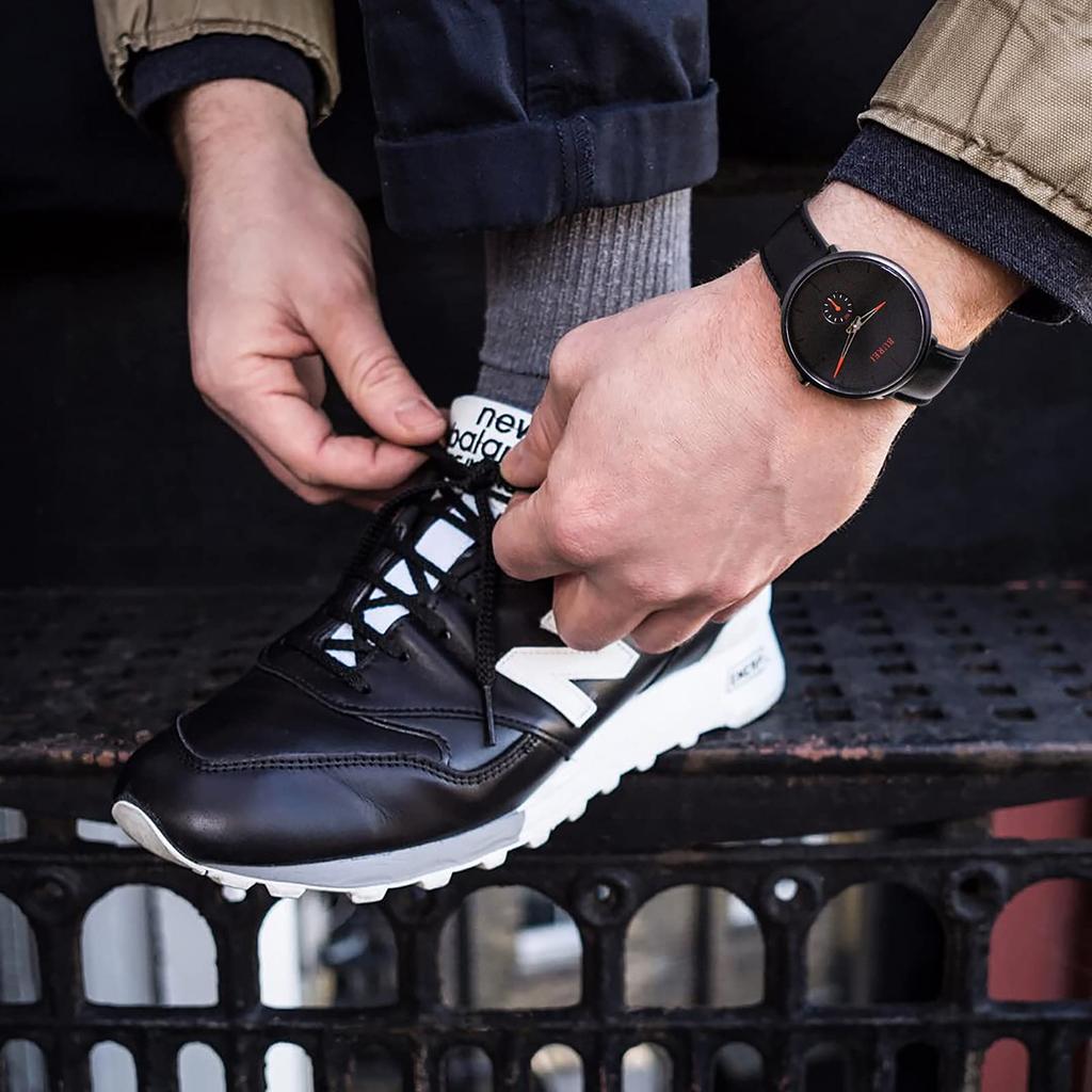 BUREI Men's Black Watch, Simple, Stylish, Popular, Waterproof, Stylish Brand, Men's Watch (Black-Black-Red, Leather)