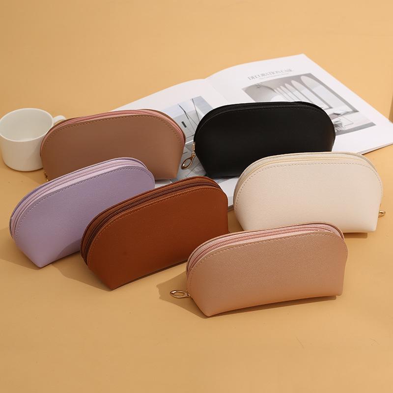 Double-Sided Leather Makeup Bag: Large Capacity, Solid Color, Portable