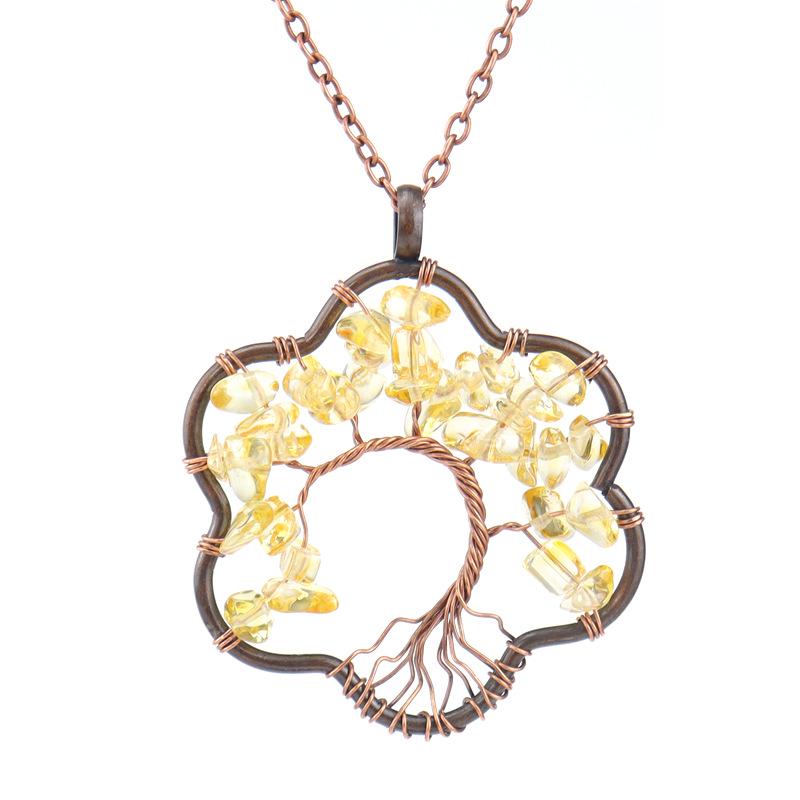 Vintage Sunflower Hand-Wound Tree of Life Necklace with Crushed Stone Crystal Pendant