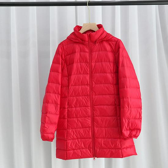 Women's Mid-Length Slim Fit Hooded Down Jacket, Flattering Plus Size, Lightweight with Detachable Hood