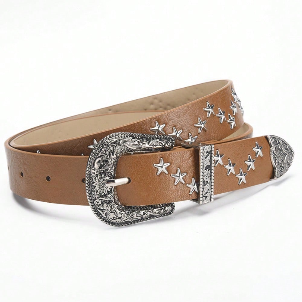 Étoile Pentagramme Ongles Saule Tendance Mode Style Punk Large Ceinture Personnalisée Jean Femme Ceinture Universelle Femme 107*2.8CM chameau