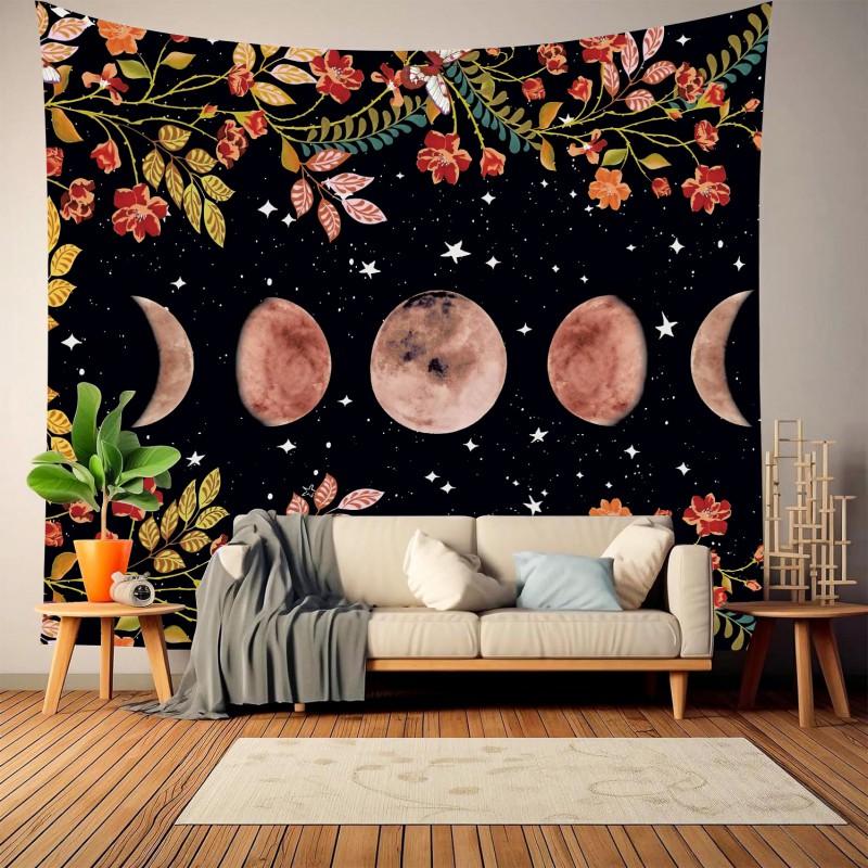 Boho Chic Wall Tapestry With Moon Phase Floral Starry Sky Design Bedroom Yoga Studio Decor
