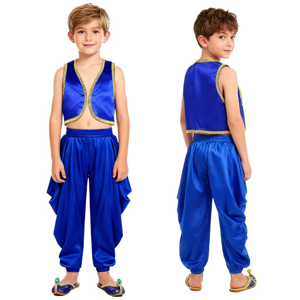 Kinder 2-teilige arabische traditionelle Kleidung Offene Weste mit goldenem Besatz und lockere Hose mit elastischem Bund für Karneval Kostüm