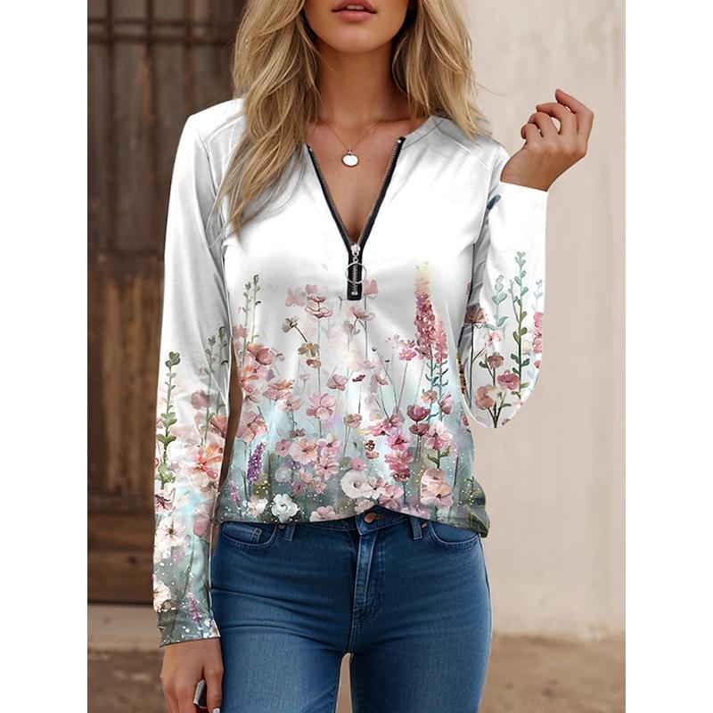 

Осень Новая Модная Женская Футболка Элегантный Абстрактный Принт Свободная Повседневная С Длинным Рукавом Базовая Декорация Молния Женская Футболка 2XL