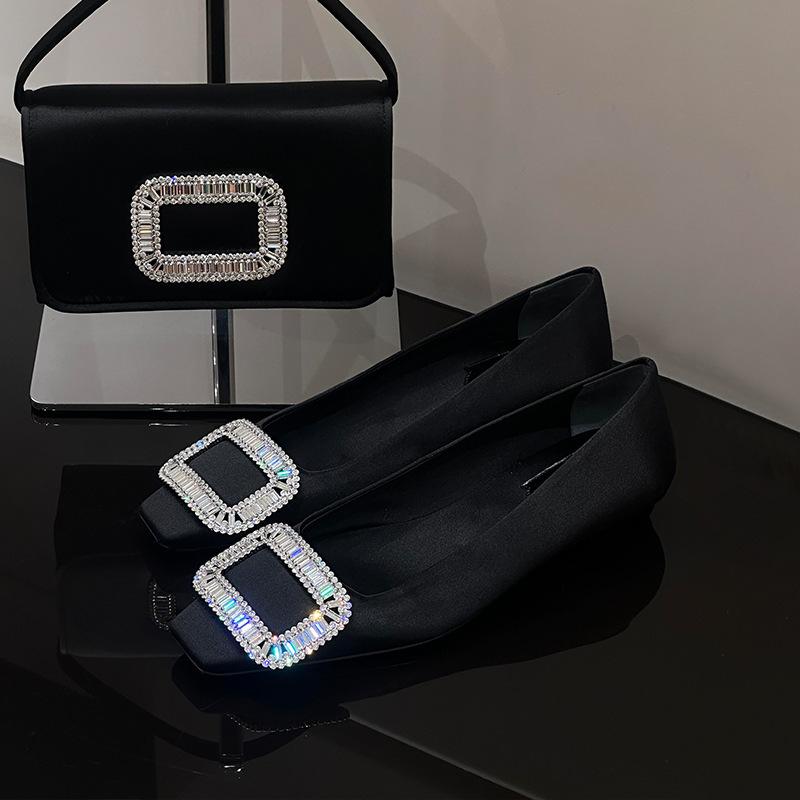 Sheepskin version~ Satin square buckle rhinestone shallow mouth grandma single shoes female flat fairy wind French Mary Jane shoes