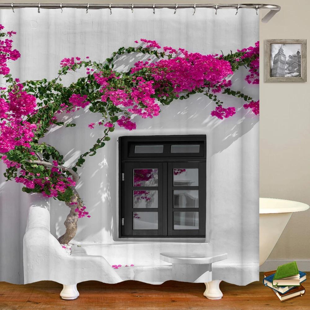 3D Waterproof Fabric Shower Curtains European Style Arched Flower Printed Bath Curtain Large 240X180 With Hooks Bathroom Screen