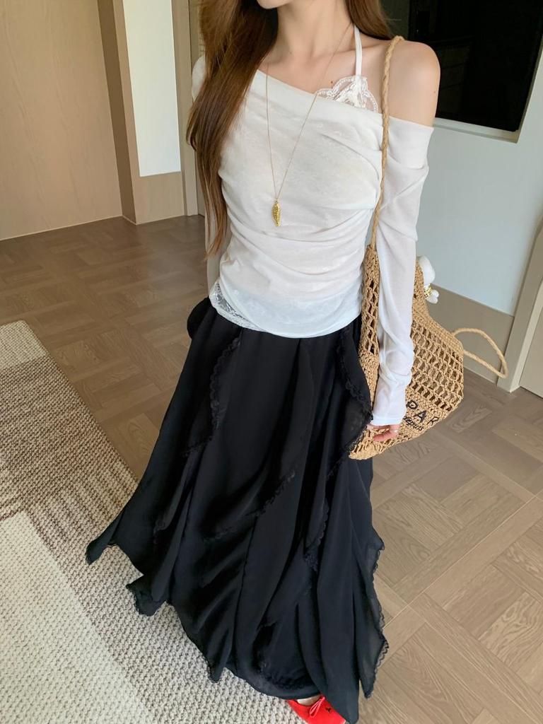 Lace Splice Two-Piece Set: Loose Top & Irregular Ruffle Skirt for Spring/Summer