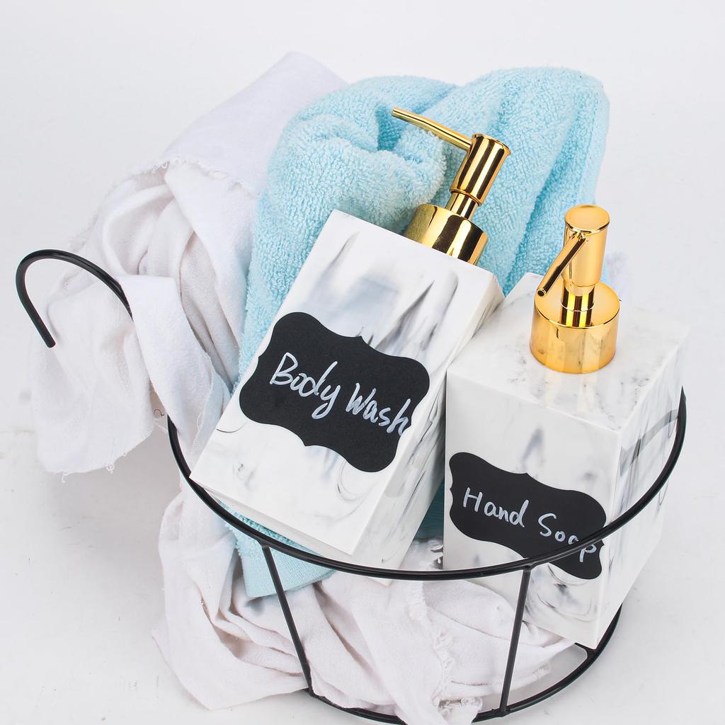 Luxurious Marble Finish Bottles 500ml Set of 2 with Gold Pumps Waterproof Labels Perfect for Bathroom Storage of Lotion White - - & - Countertop,