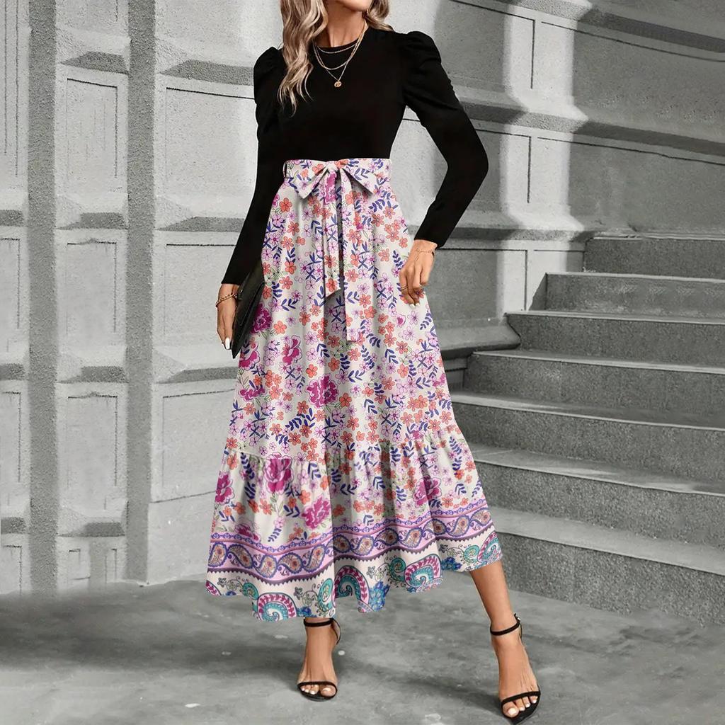 Women Floral Print High Waist Tie Waist Maxi Dress Long Sleeve Round Neck Casual Loose Fit Dress for Daily Wear