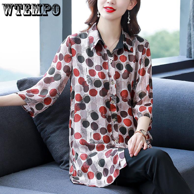 Large Size Shirt Women's Fashion Polka Dot Chiffon Shirt Loose Mid-length T-shirt Top Summer Sun Protection Clothing