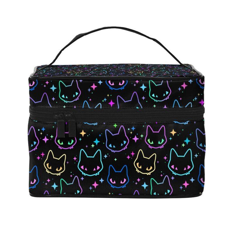 

Goth Makeup Train Bag Colorful Neon Cat Heads Makeup Organizer Bags Toiletry Bag Travel Cosmetic Bags for Women Girls Ladies