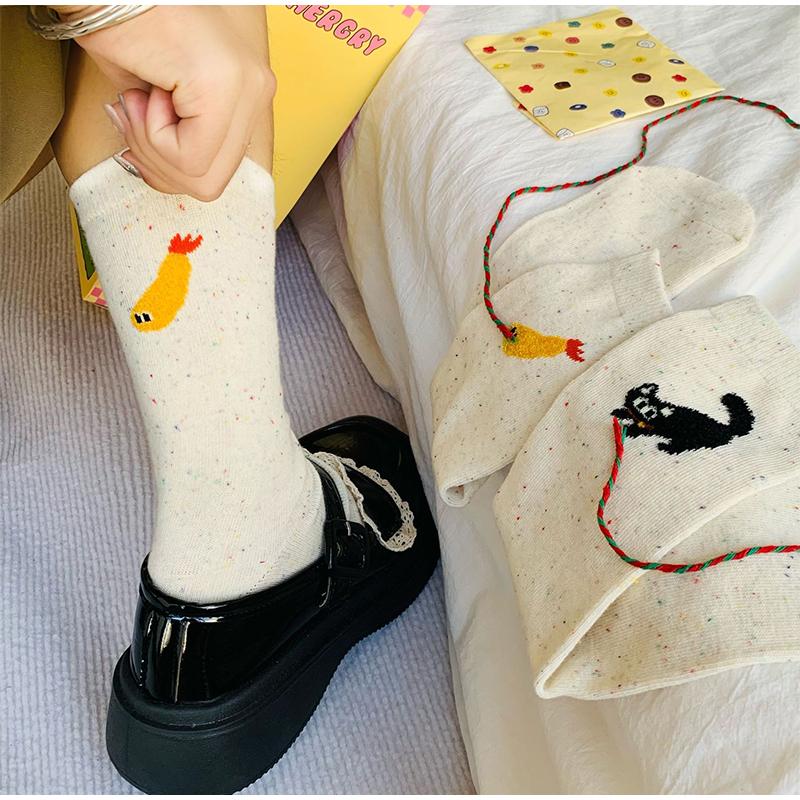 2 Pairs Autumn Vintage Women Cat Fish Printed Socks Cute Cartoon Middle Tube Soft Thermal Warm Crew Sock