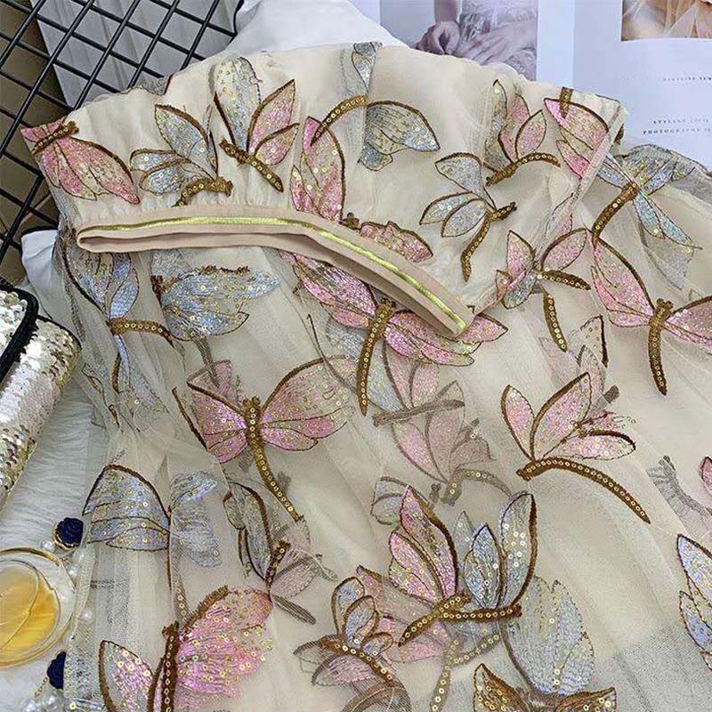   Women Summer Sequin Embroidered Mesh Skirt Loose Thin Casual Double Layer Skirt