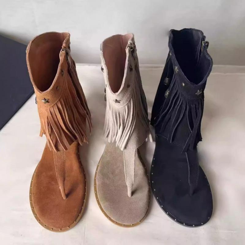 Tassel Rivet Herringbone Pinch Sandals New Inner Heightening Side Zipper Cool Boots Western Boots