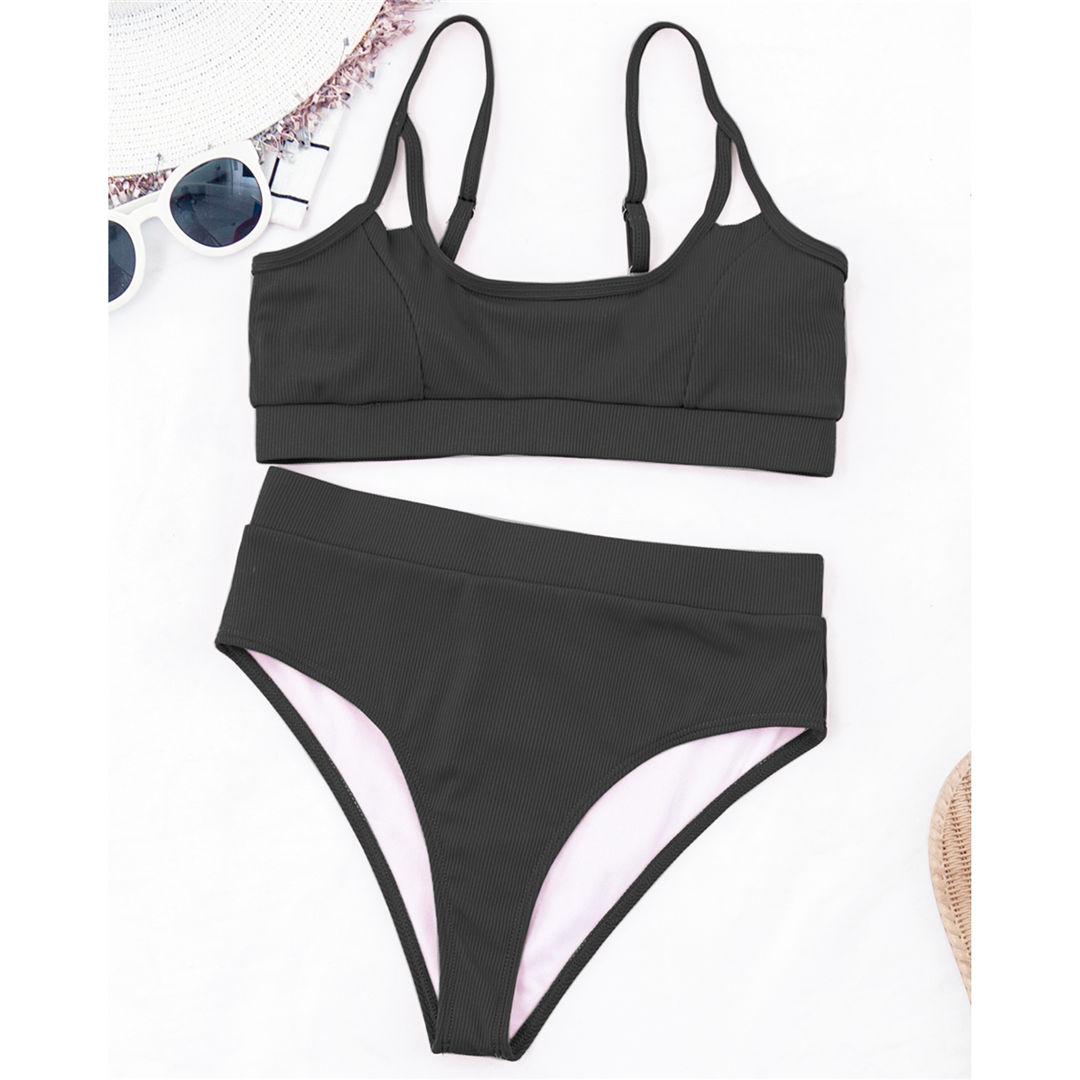 

мода сексуальный ребристый бикини с высокой талией женский купальник женский купальник из двух частей комплект бикини мягкий купальный костюм S чёрный