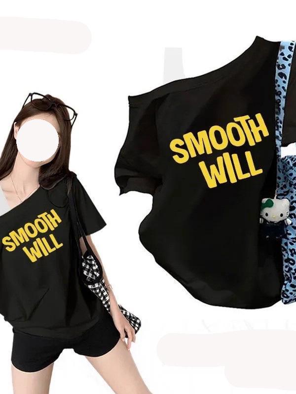 

Spicy Girl One-Shoulder Letter Print Short Sleeve Slimming T-Shirt - Trendy Color Block Off-Shoulder Top Large чорний