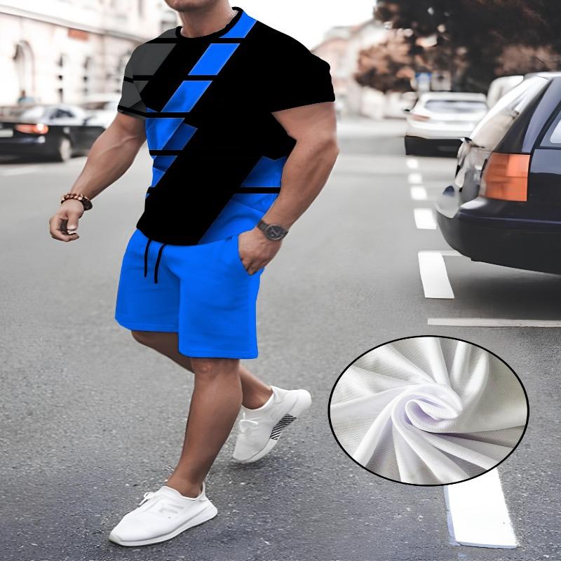 

Summer men s casual 3D pattern fluorescent color short sleeved sports two-piece set, suitable for daily use and sports 6XL