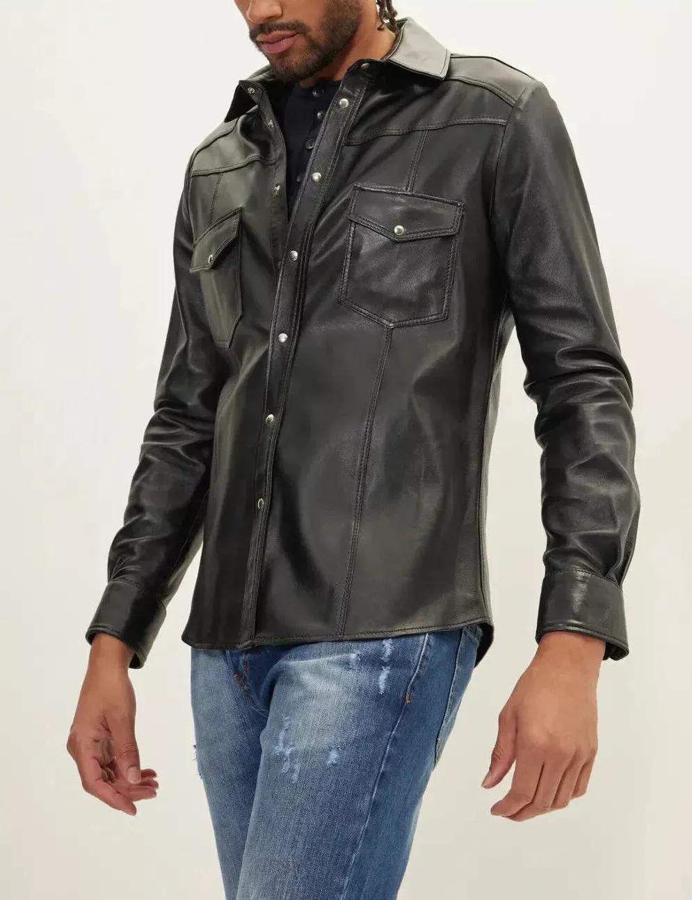 

Мужская рубашка черного цвета, официальная, из натуральной кожи ручной работы, стильная, повседневная L чёрный