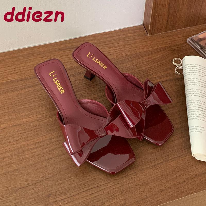Fashion New In 2025 Footwear Square Toe Women Heels Pumps Shoes Female Slides Fashion Butterfly-Knot Ladies Heeled Shoes Sandals