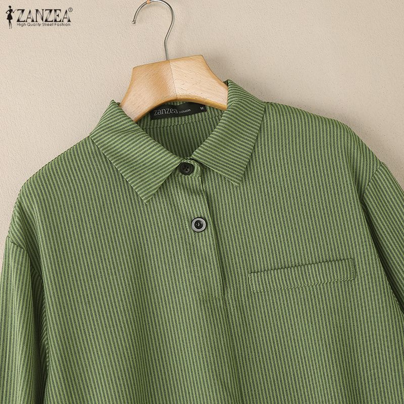 ZANZEA Women Turn Down Collar Loose Casual 3/4 Sleeve Stripe Blouse