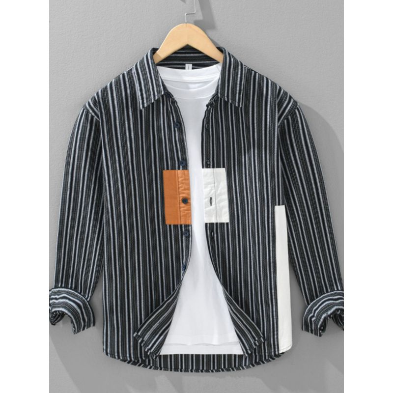 Japanese-Style Design Patchwork Striped Casual Shirt for Men, Unique Loose Long-Sleeve Shirt Jacket, Hong Kong Fashion Brand