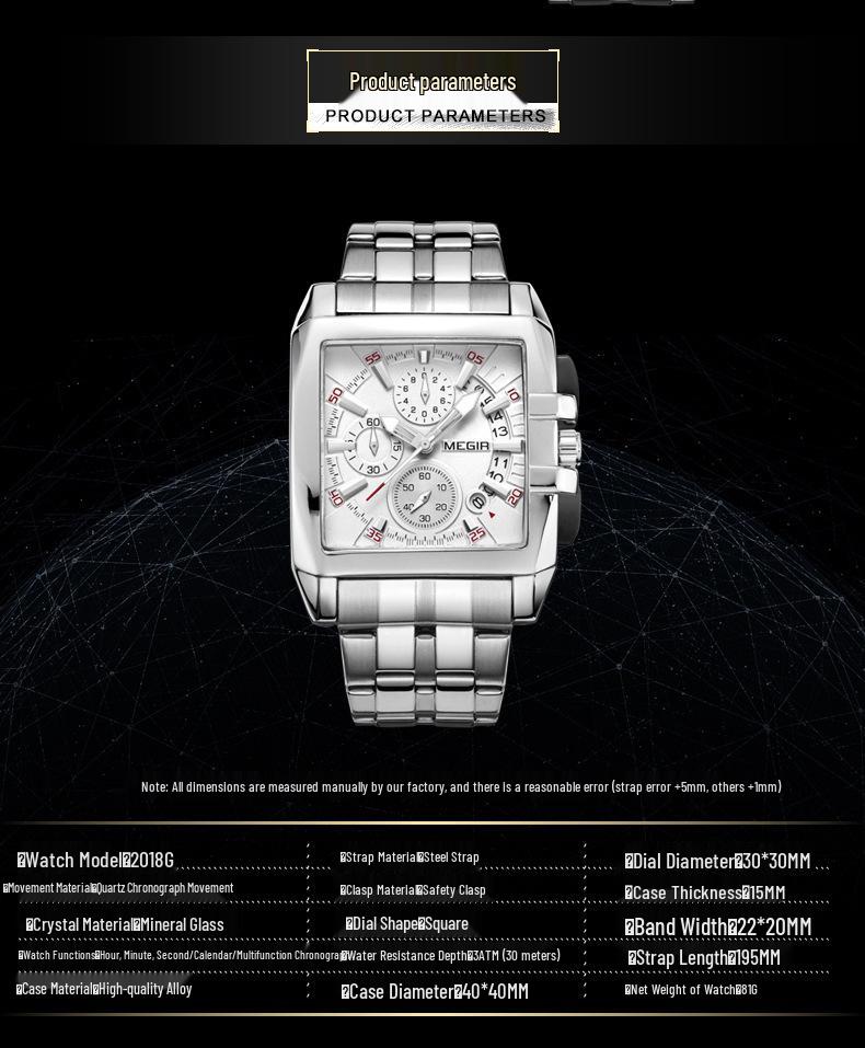 MEGIR Men's Sports Outdoor Stainless Steel Square Watch, 2018 Edition
