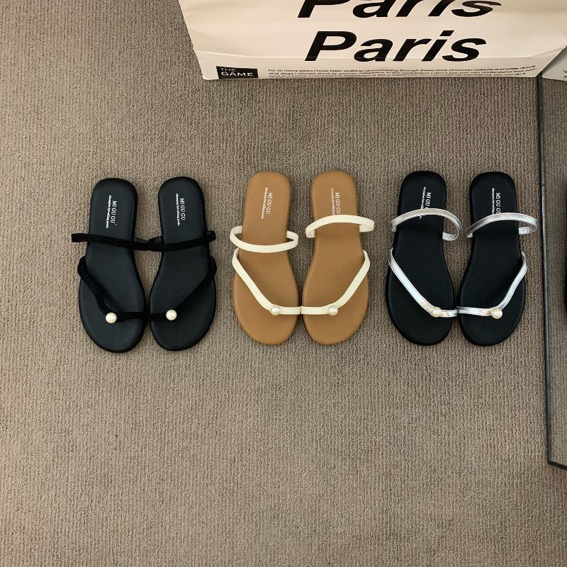 Pearl Women Flats Slippers New Clip Toe Shoes Casual Sandals 2025 Summer Trend Flip Flops Slingback Beach Woman Slides