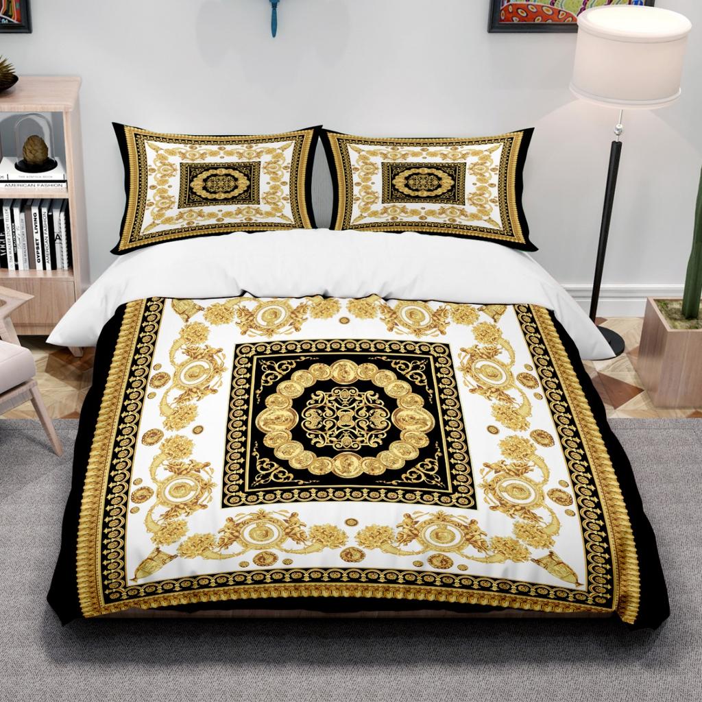 Barock Bettwäscheset Europäischer Stil Schwarz Gold Luxuriöser Bettbezug Kissenbezüge 100% Polyester Doppelbett Heimdekor Bettwäscheset