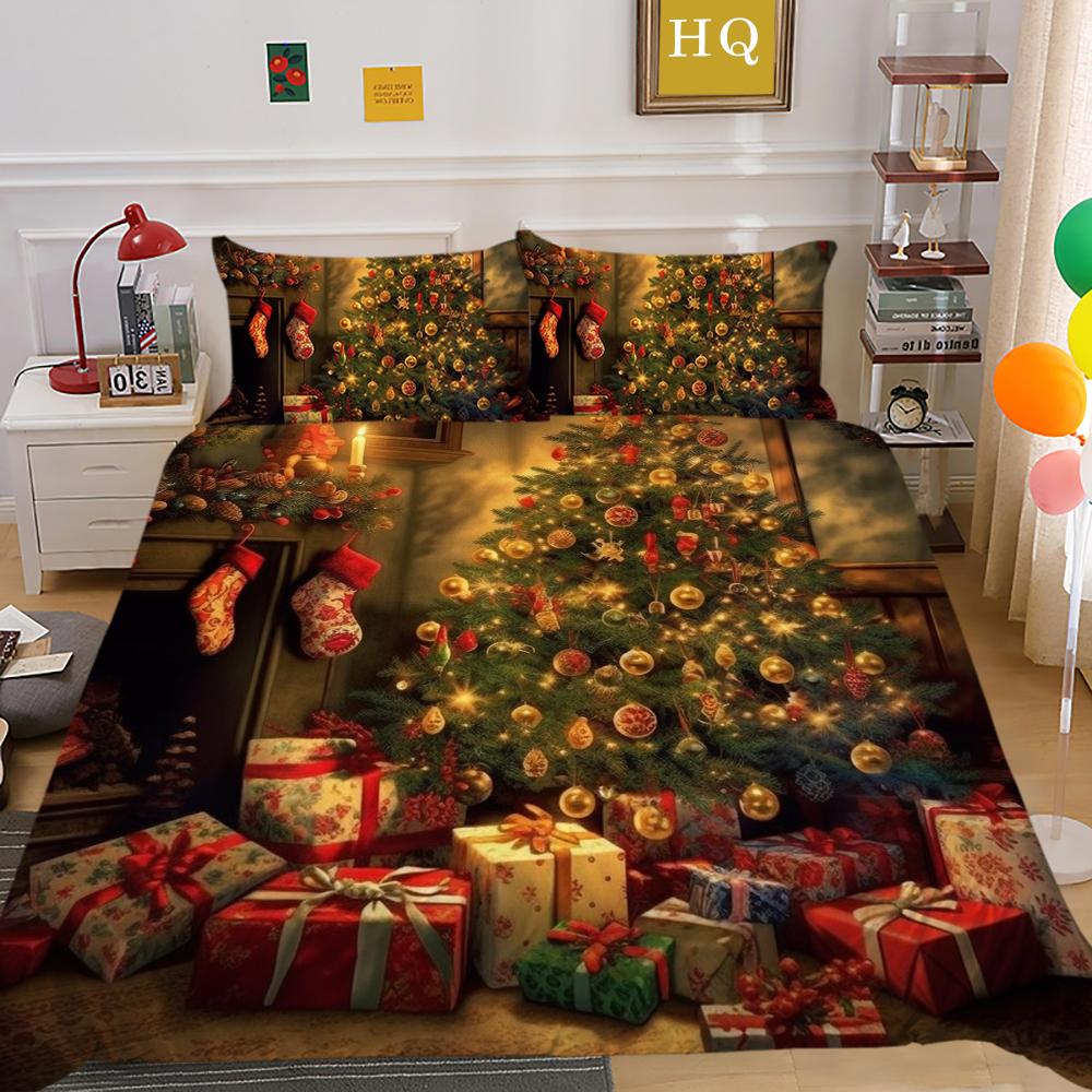 Conjunto de roupa de cama para casa de Natal 3D Padrão de presente Capa de cama Fronha 2/3 peças AU240 * 270 Cama de solteiro/casal tamanho completo Soft Decoração de quarto