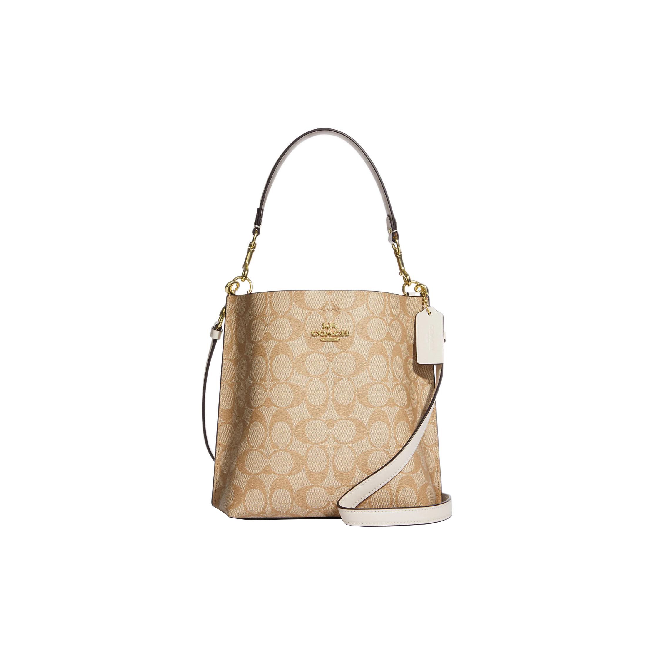 

Coach Signature Canvas Leather Trim Convertible Bucket Shoulder Bag for Daily Use Basic Set (Bag+Dust Bag)