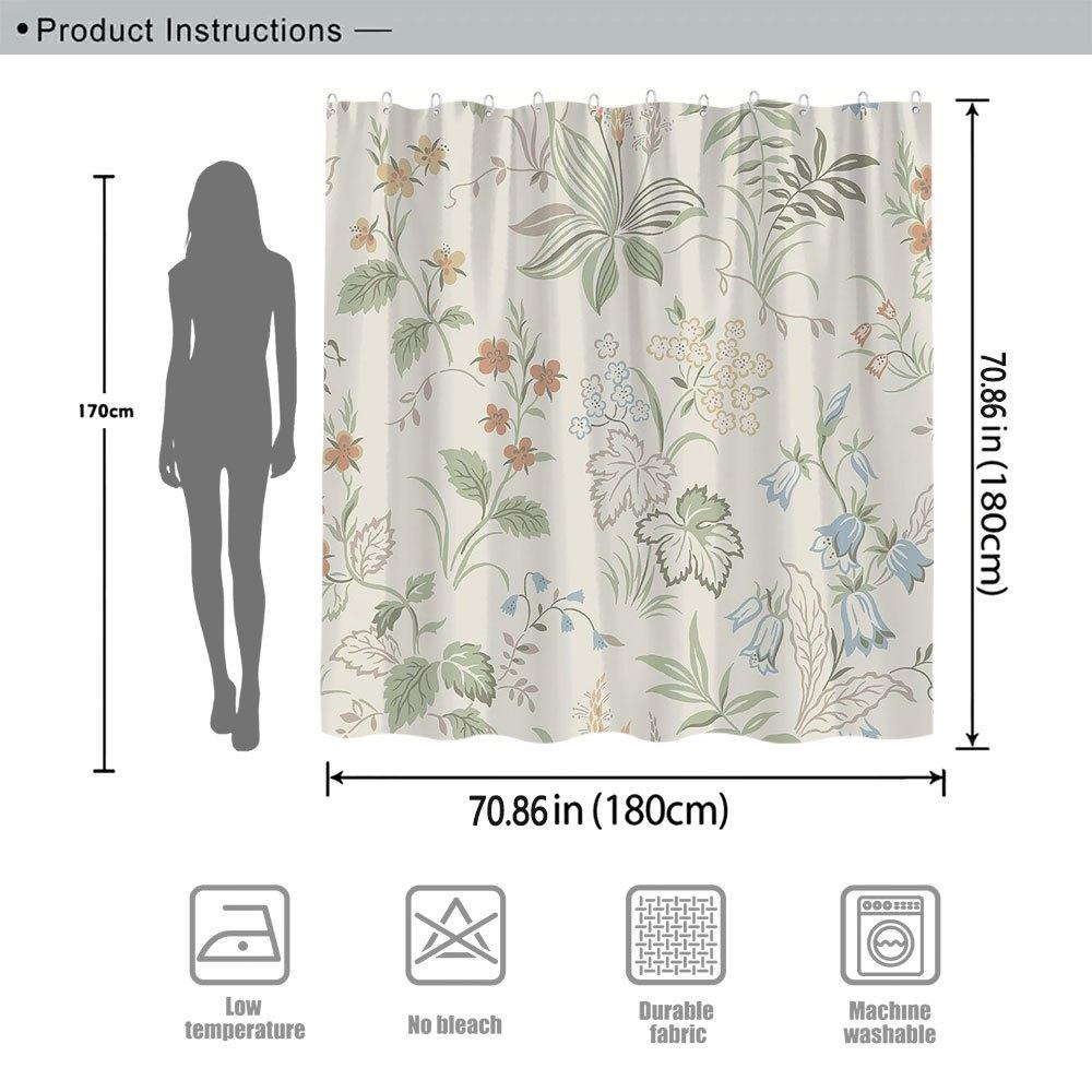 Floral Shower Curtain - Pastel Botanical Design, Green & Orange On Beige, 70x70 Inch
