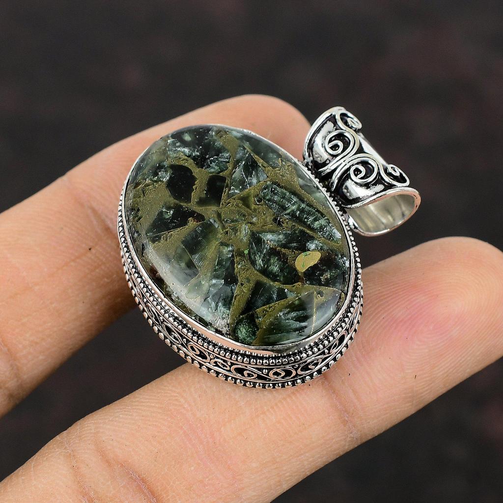 Copper Seraphinite Pendant Handmade Jewelry Gemstone Vintage Pendant 925 Sterling Silver Pendant Ethnic Jewelry Gift For Him Amazing Pendant