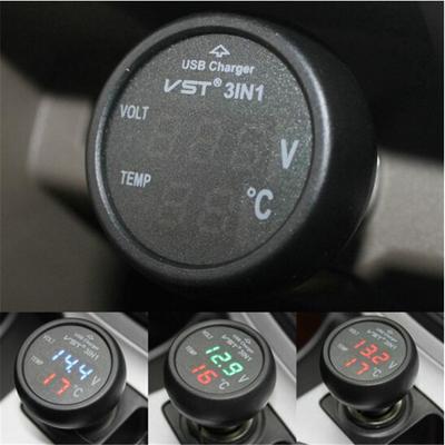 VST 3-in-1 Car Voltmeter, Thermometer & USB Charger