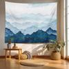 Navy Blue Watercolor Mountains Tapestry, Sky Wall Art Hanging Decoration Polyester Fiber White Ruffled Around For Dorm Room